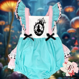 Alice in Wonderland Birthday Romper Ruffle bottoms, Personalized Embroidery,bow First  Smash cake party Girls Halloween outfit Toddler Baby