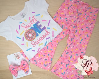 Sweet One Birthday Bell Bottom Pants  Outfit Donut, Pink  Sprinkles, Personalized Embroidery, Glitter vinyl, Hair Bow Flare bottom Leggings