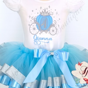 Cinderella&#39;s Carriage Birthday Outfit Personalized Embroidery Baby Blue with Glitter Sparkles Blue Satin Silver Glitter edge detail