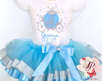 Cinderella's Carriage Birthday Outfit Personalized Embroidery Baby Blue with Glitter Sparkles Blue Satin Silver Glitter edge detail