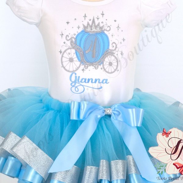 Cinderella's Carriage Birthday Outfit Personalized Embroidery Baby Blue with Glitter Sparkles Blue Satin Silver Glitter edge detail