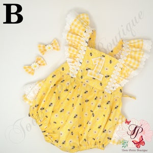 Honey Bee Birthday Romper Ruffle bottoms,Yellow Bee Print, Baby Toddler Pigtails Personalized Embroidered Sailor bow,First Birthday