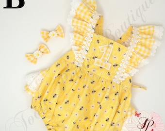 Honey Bee Birthday Romper Ruffle bottoms,Yellow Bee Print, Baby Toddler Pigtails Personalized Embroidered Sailor bow,First Birthday