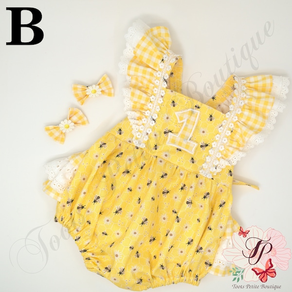 Honey Bee Birthday Romper Ruffle bottoms,Yellow Bee Print, Baby Toddler Pigtails Personalized Embroidered Sailor bow,First Birthday