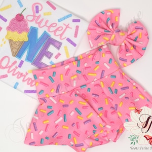 Sweet One Birthday Bummies Skirt Outfit Ice Cream Cone Pink with Sprinkles, Personalized Embroidery, Glitter vinyl, Hair Bow Party Hats