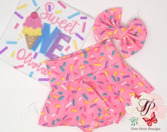 Sweet One Birthday Bummies Skirt Outfit Ice Cream Cone Pink with Sprinkles, Personalized Embroidery, Glitter vinyl, Hair Bow Party Hats