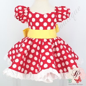 Disney Minnie Mouse Dress Red and White Polka Dot Attached Petticoat Yellow Bow Toddler Birthday Baby Girl Hair Bow Photos Gift Disneyland