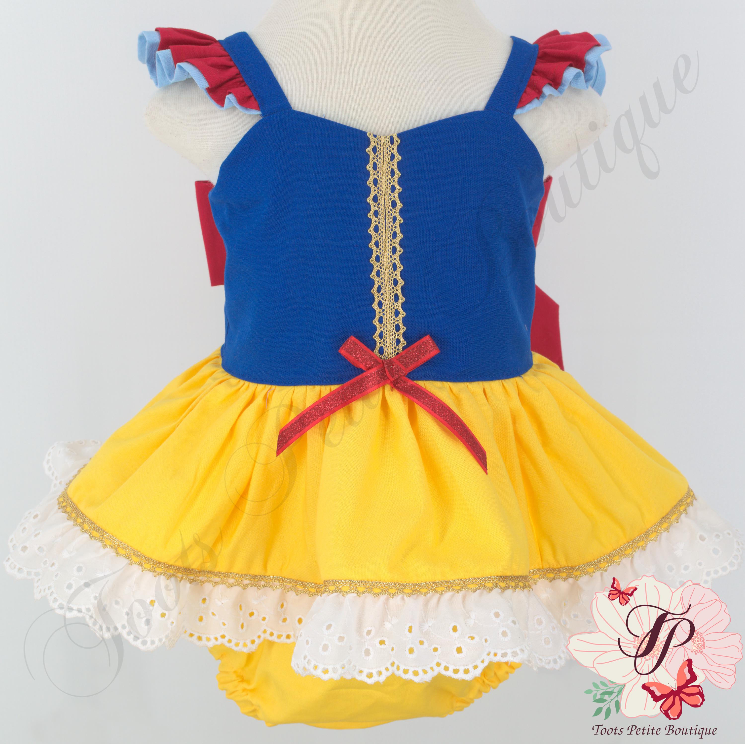 Princess Snow White Birthday Skirted Romper, Gold Trim White Lace Ruffle Skirt, Hair Bow, Baby Toddler Girl, First Birthday