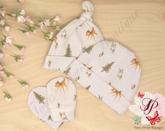 Little Deer Boho Baby Beanie Knot Hat & Mittens Set Newborn Coming Home Shower Gift Photos