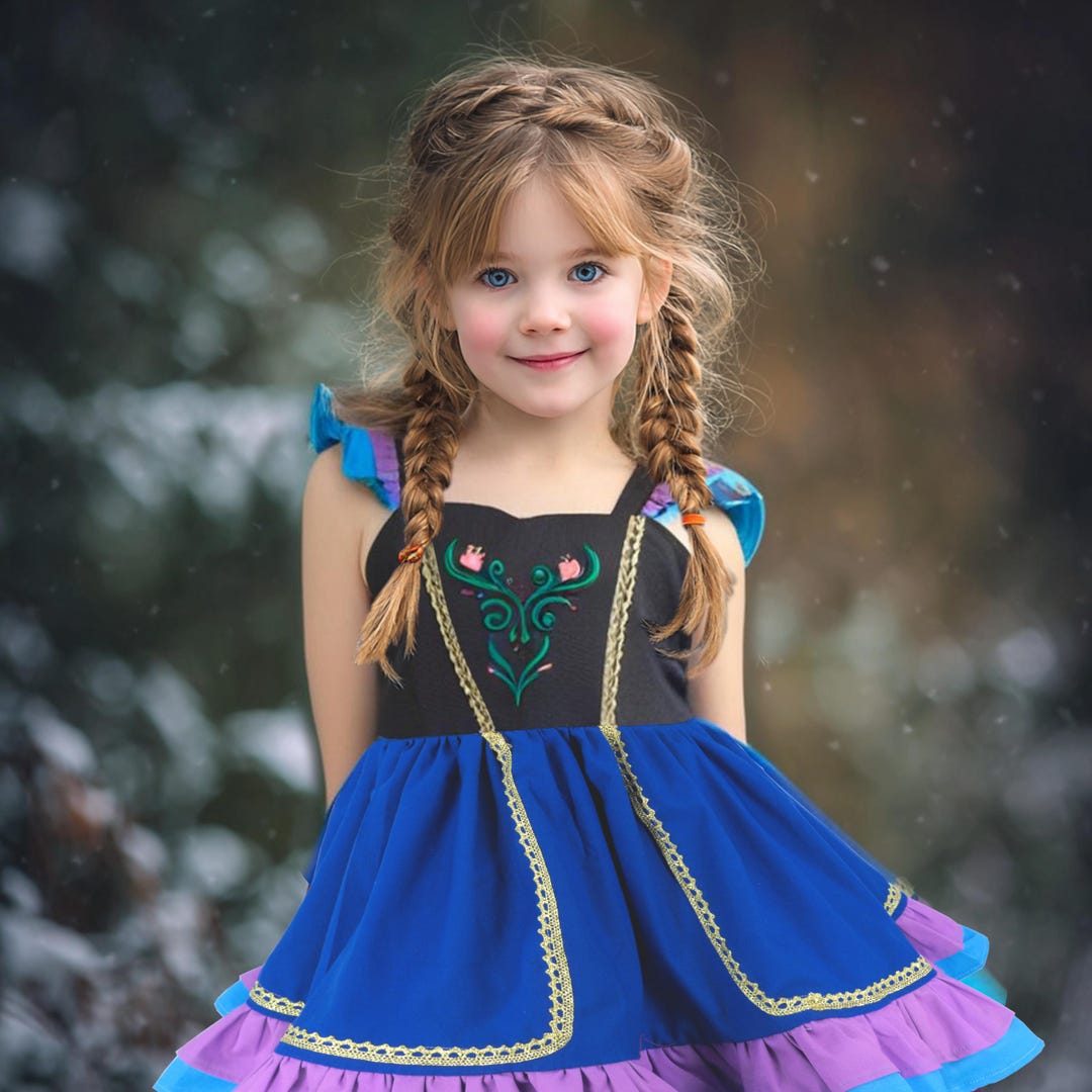 Princess Anna Frozen Birthday Dress, Blue Fabric With Purple Trim,  Embroidered Bodice, Photos Gift Girl, Costume Cosplay Toddler Outfit