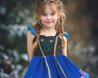 Princess Anna Frozen Birthday Dress, Blue Fabric with Purple trim, Embroidered Bodice, Photos Gift Girl, Costume Cosplay Toddler outfit