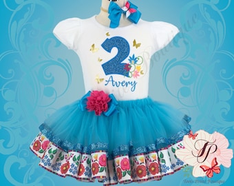 Encanto Inspired Birthday Tutu Outfit Personalized Embroidered Shirt, Gold vinyl butterflies, 3" Floral and glitter ribbon edge detail