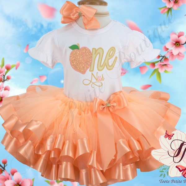 Sweet Peach 1st Birthday Tutu Outfit Personalized Embroidery Shirt vinyl glitter, Skirt two ribbon edge detail puff sleeve