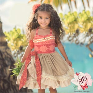 Princess Moana Dress, Red&Tan Fabric Shell Bead trim,Costume Cosplay Toddler,Girl Halloween outfit,Photos Gift Birthday Polynesian Princess