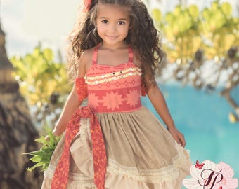 Princess Moana Dress, Red&Tan Fabric Shell Bead trim,Costume Cosplay Toddler,Girl Halloween outfit,Photos Gift Birthday Polynesian Princess