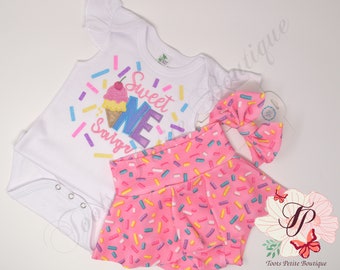 Sweet One Birthday Bummies Skirt Outfit Ice Cream Cone Pink with Sprinkles, Flutter Sleeve Onesie Personalized Embroidery, Hair Bow