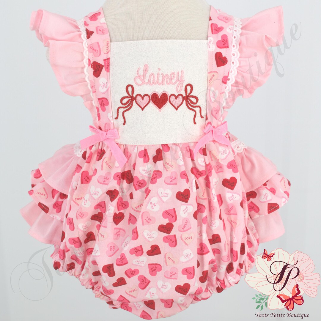 Valentine Candy Hearts Personalized Romper Ruffle Bottoms Custom valentine-candy-hearts-personalized-romper-ruffle-bottoms-custom
