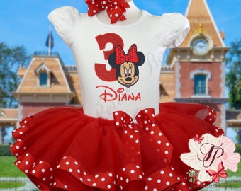 Minnie Mouse Birthday Tutu Cake Smash Outfit Personalized Embroidery Shirt red ribbon edge detail photo prop puff sleeve