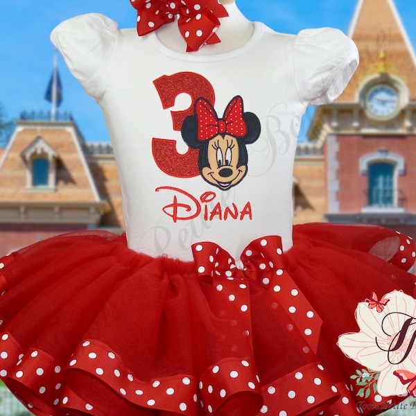 Minnie Mouse Birthday Tutu Cake Smash Outfit Personalized Embroidery Shirt red ribbon edge detail photo prop puff sleeve