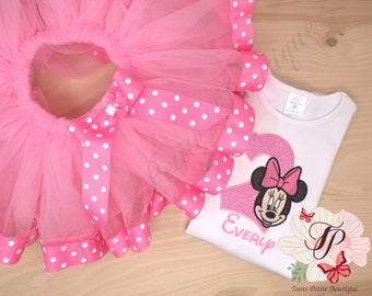 Minnie Mouse Birthday Tutu Cake Smash Outfit Personalized Embroidery Shirt Pink ribbon edge detail photo prop puff sleeve