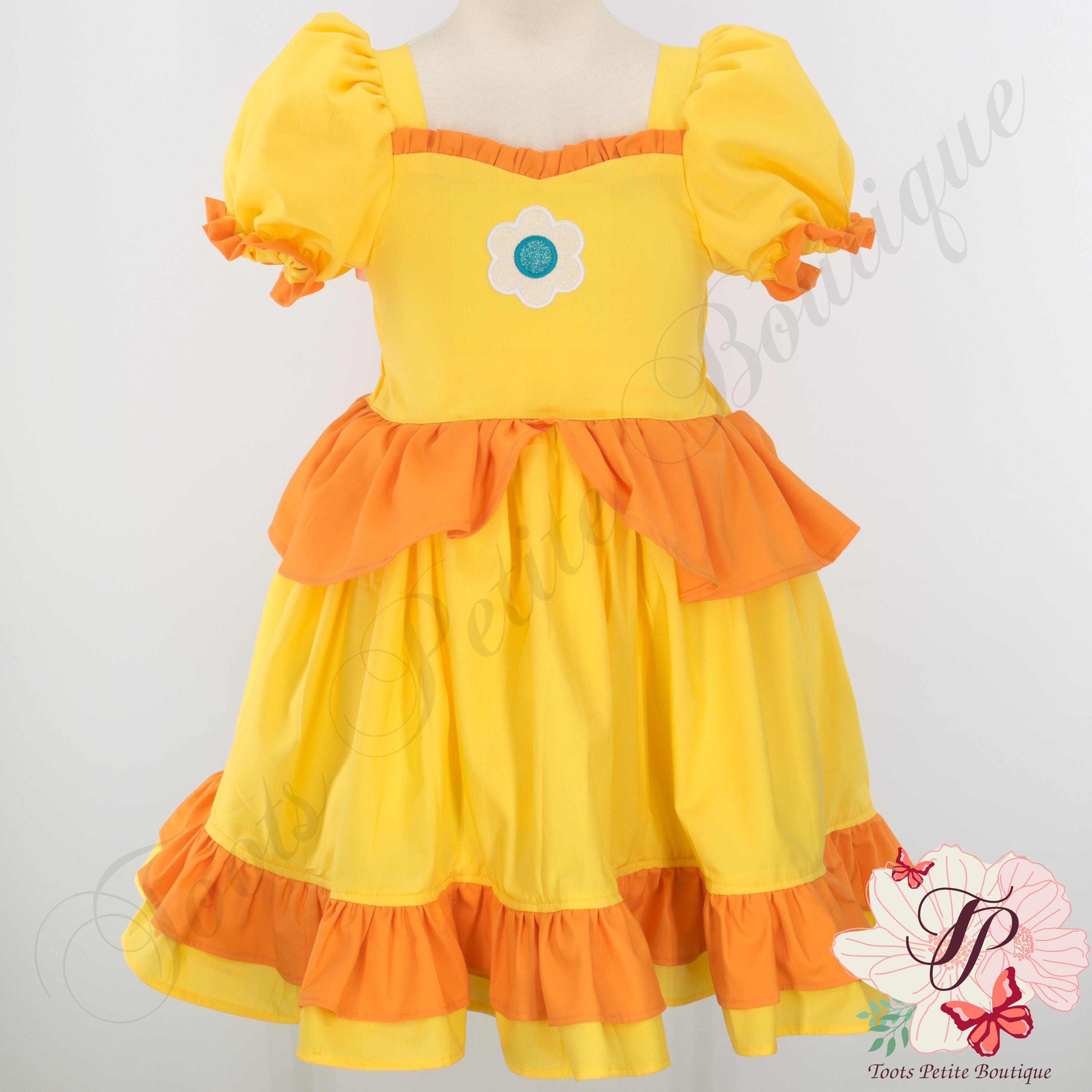 Handmade Princess Daisy Inspired Dress, Embroidered Brooch, Cosplay Costume