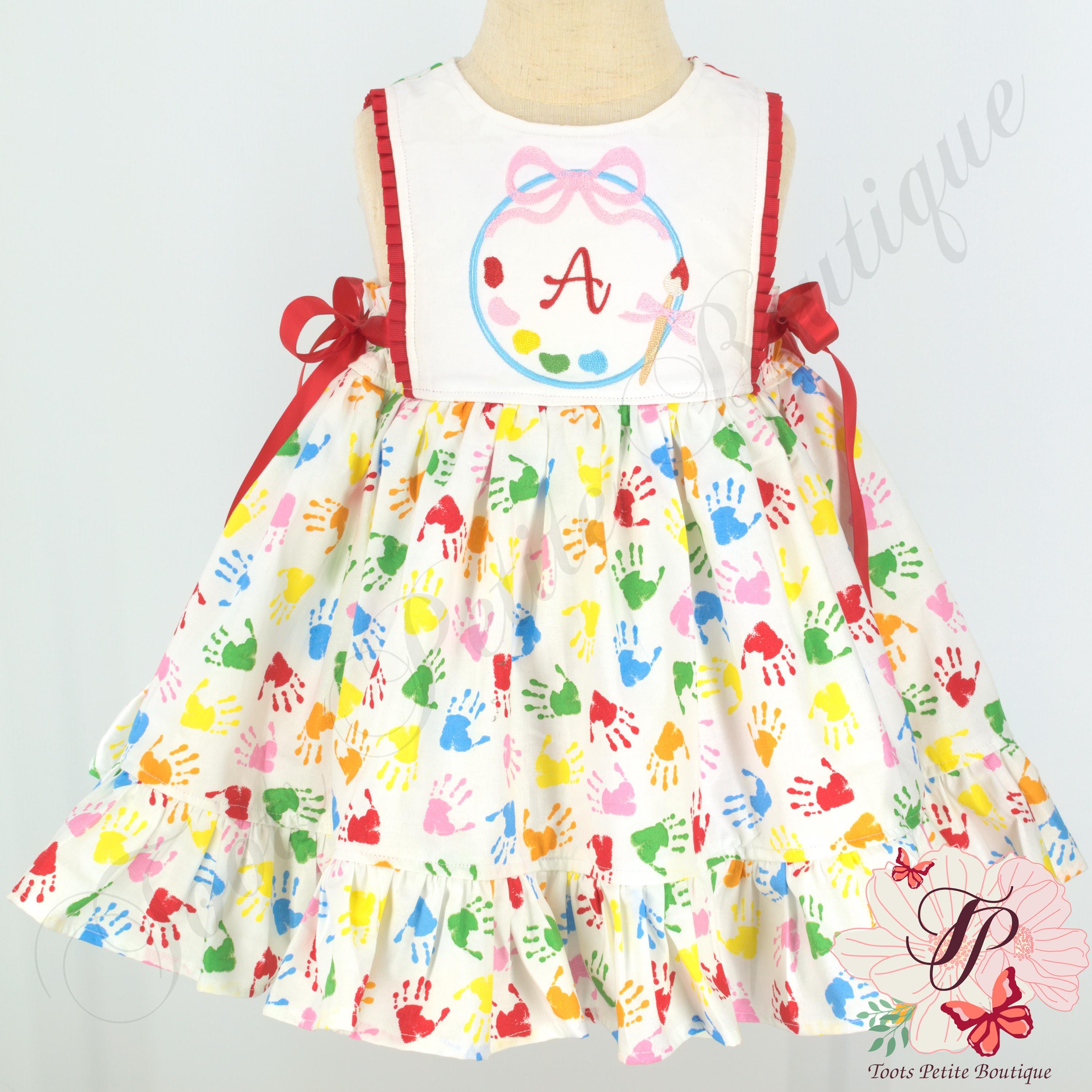 Back to School Dress Personalized Embroidery, First Day of School, Finger Painting Hand Print Fabric, Monogram, Gift girl Outfit bus apple