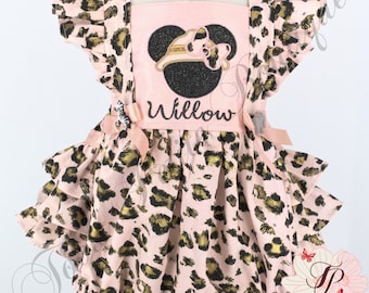 Wild One Birthday Minnie Mouse Safari Romper Ruffle bottoms, Cheetah Print, Baby Toddler Pigtails Personalized Embroidery, First Birthday
