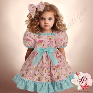 Pink Christmas Gingerbread House Dress and Polkadot Bloomers Pink Print Fabric, Satin Ribbon Trim, Hair Bow Party Photos Gift girl toddler