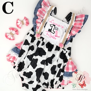 My 1st Rodeo Cow Girl Romper Ruffle Bottoms, Pink Gingham, Denim, Baby Toddler Pigtails Personalized Embroidery, First , Moo I&#39;mTwo