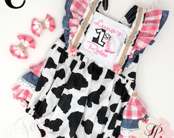 My 1st Rodeo Cow Girl Romper Ruffle Bottoms, Pink Gingham, Denim, Baby Toddler Pigtails Personalized Embroidery, First , Moo I&#39;mTwo