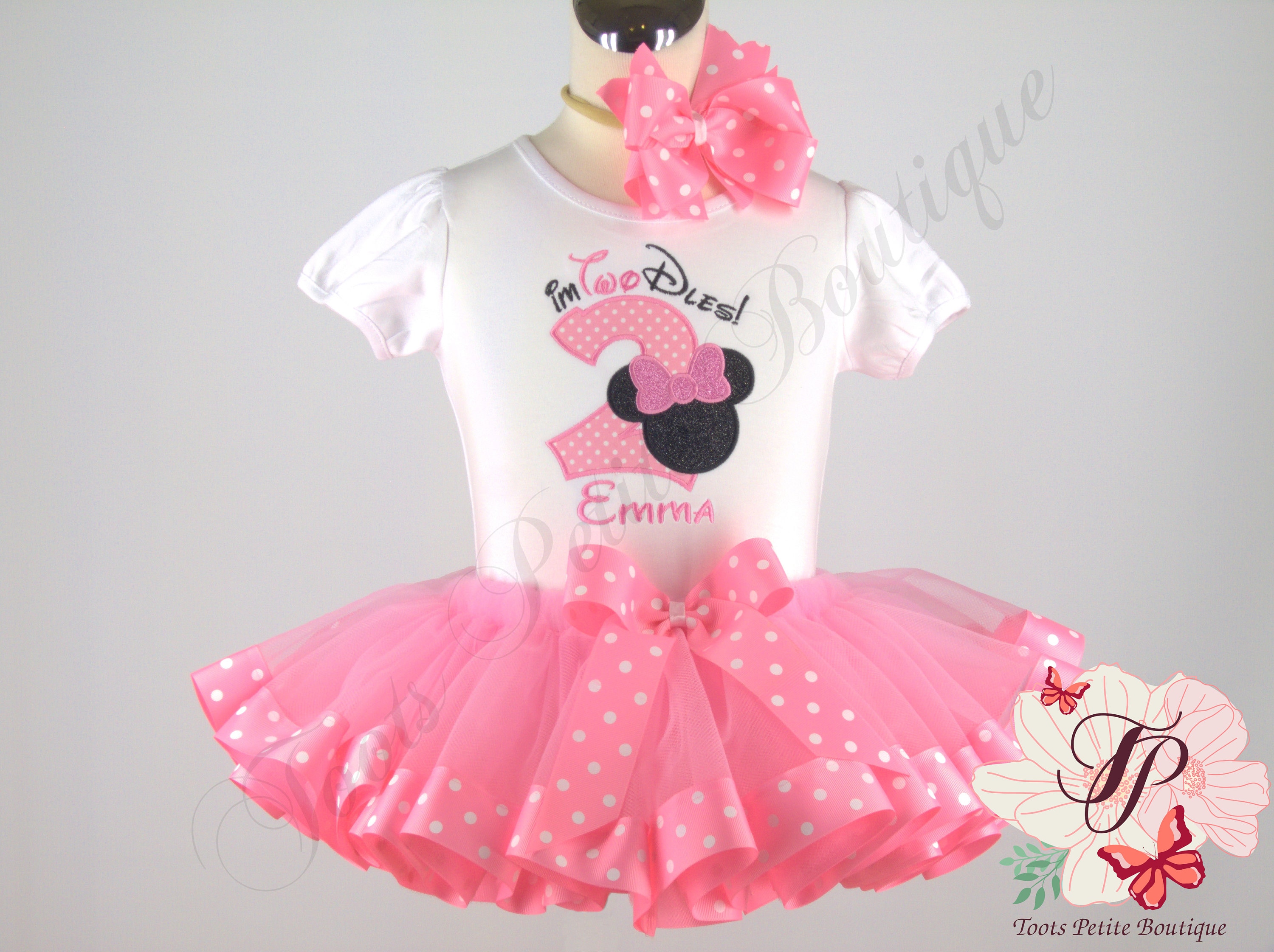 Two Dles Embroidered Birthday Tutu Cake Smash Outfit Personalized Shirt Pink Ribbon Edge Detail Photo Prop Puff Sleeve