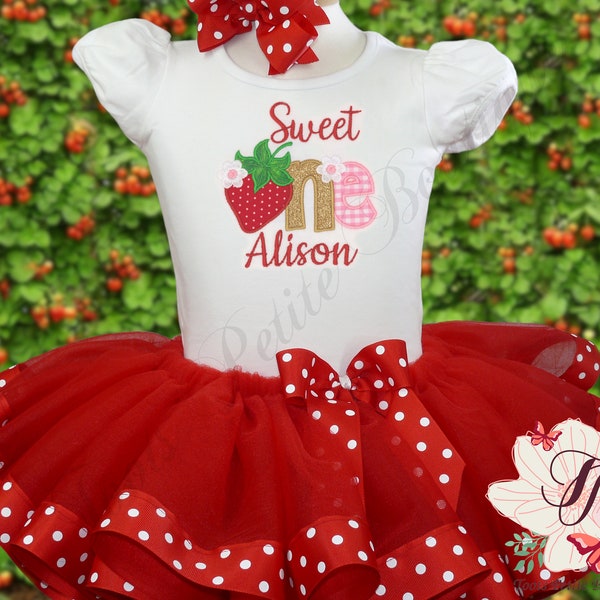 Sweet One Strawberry Birthday Tutu Cake Smash Outfit Personalized Embroidery Shirt red ribbon edge detail photo prop puff sleeve