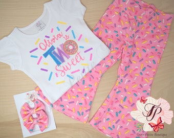 Two Sweet Birthday Bell Bottom Pants  Outfit Donut, Pink  Sprinkles, Personalized Embroidery, Glitter vinyl, Hair Bow Flare bottom