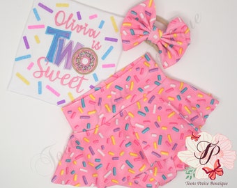 Two Sweet Birthday Bummies Skirt Outfit Donut Pink with Sprinkles, Personalized Embroidery, Glitter vinyl, Hair Bow and Party Hats