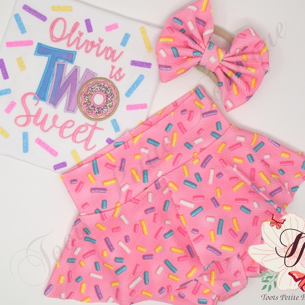 Two Sweet Birthday Bummies Skirt Outfit Donut Pink with Sprinkles, Personalized Embroidery, Glitter vinyl, Hair Bow and Party Hats