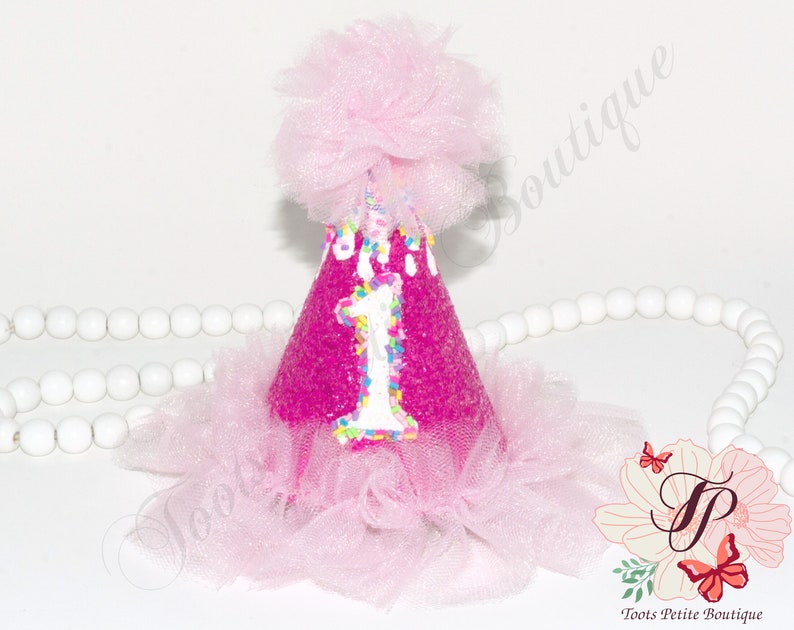 Sweet One Birthday Ruffle Bummies Outfit Donut, Pink with Sprinkles, Personalized Embroidery, Glitter vinyl, Hair Bow and Party Hats Party Hat Pink