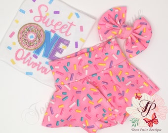 Sweet One Birthday Bummies Skirt Outfit Donut Pink with Sprinkles, Personalized Embroidery, Glitter vinyl, Hair Bow and Party Hats
