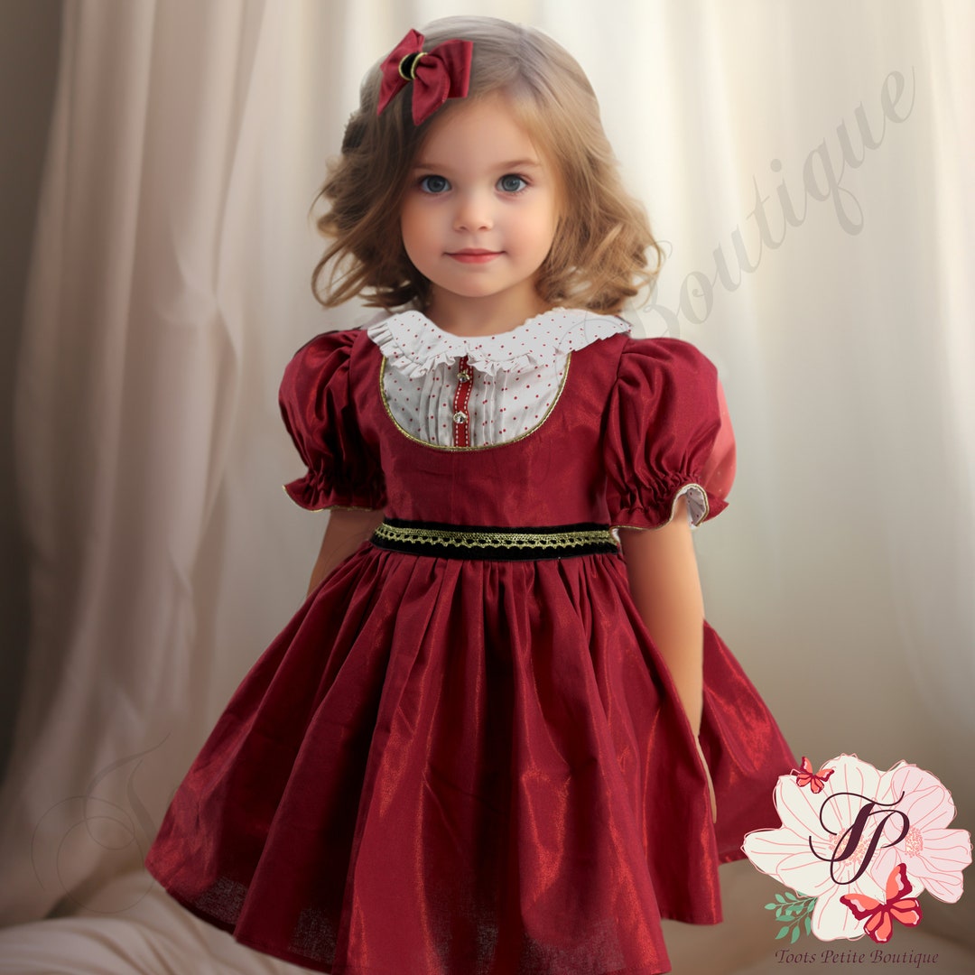 Susanne Lively Girls Christmas Dress - Embroidered Holly Collar - Red main image 1