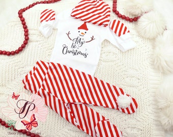 My 1st Christmas Baby Boy/Girl Outfit Personalized, First Xmas Beanie Mittens , Newborn Coming Home Onesie Red / White Stripes Winter Unisex