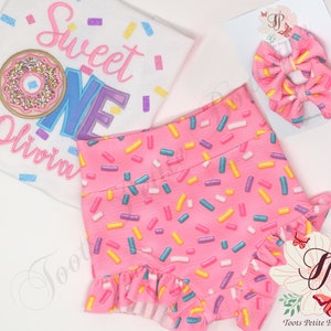 Sweet One Birthday Ruffle Bummies Outfit Donut, Pink with Sprinkles, Personalized Embroidery, Glitter vinyl, Hair Bow and Party Hats image 5