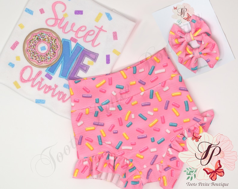 Sweet One Birthday Ruffle Bummies Outfit Donut, Pink with Sprinkles, Personalized Embroidery, Glitter vinyl, Hair Bow and Party Hats image 5
