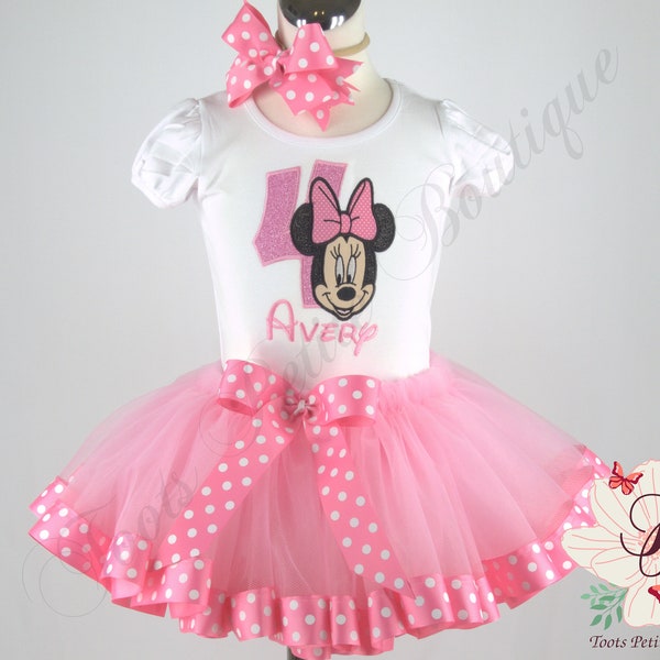 Minnie Mouse Birthday Tutu Cake Smash Outfit Personalized Embroidery Shirt Pink ribbon edge detail photo prop puff sleeve