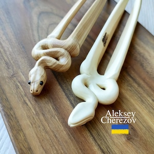 Natural Lilac & Boxwood Wooden Hair Fork, Carved Snake Stick for Long Hair, Python Design, Unique Zodiac Snake Year Gift. hair clips python