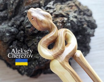 Snake Wooden Hair Fork – Python Hair Stick – Handmade Carved Bun Holder for Long Hair - Wooden Snake accessories