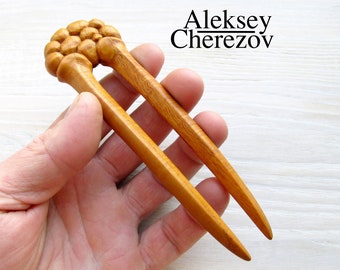 Carved wooden hair fork. Delicate wooden hair pin, bun holder. Gift for women with long hair. Handmade Hair barrette.