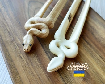 Natural Lilac & Boxwood Wooden Hair Fork, Carved Snake Stick for Long Hair, Python Design, Unique Zodiac Snake Year Gift. hair clips python