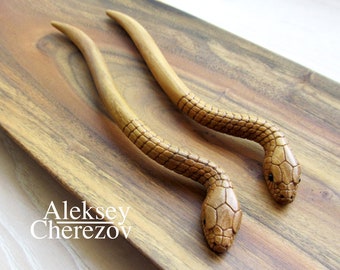 Bâton de serpent à cheveux en bois, serpent en épingle à cheveux sculpté, cadeau pour une fille, accessoires pour cheveux, baguettes à cheveux.