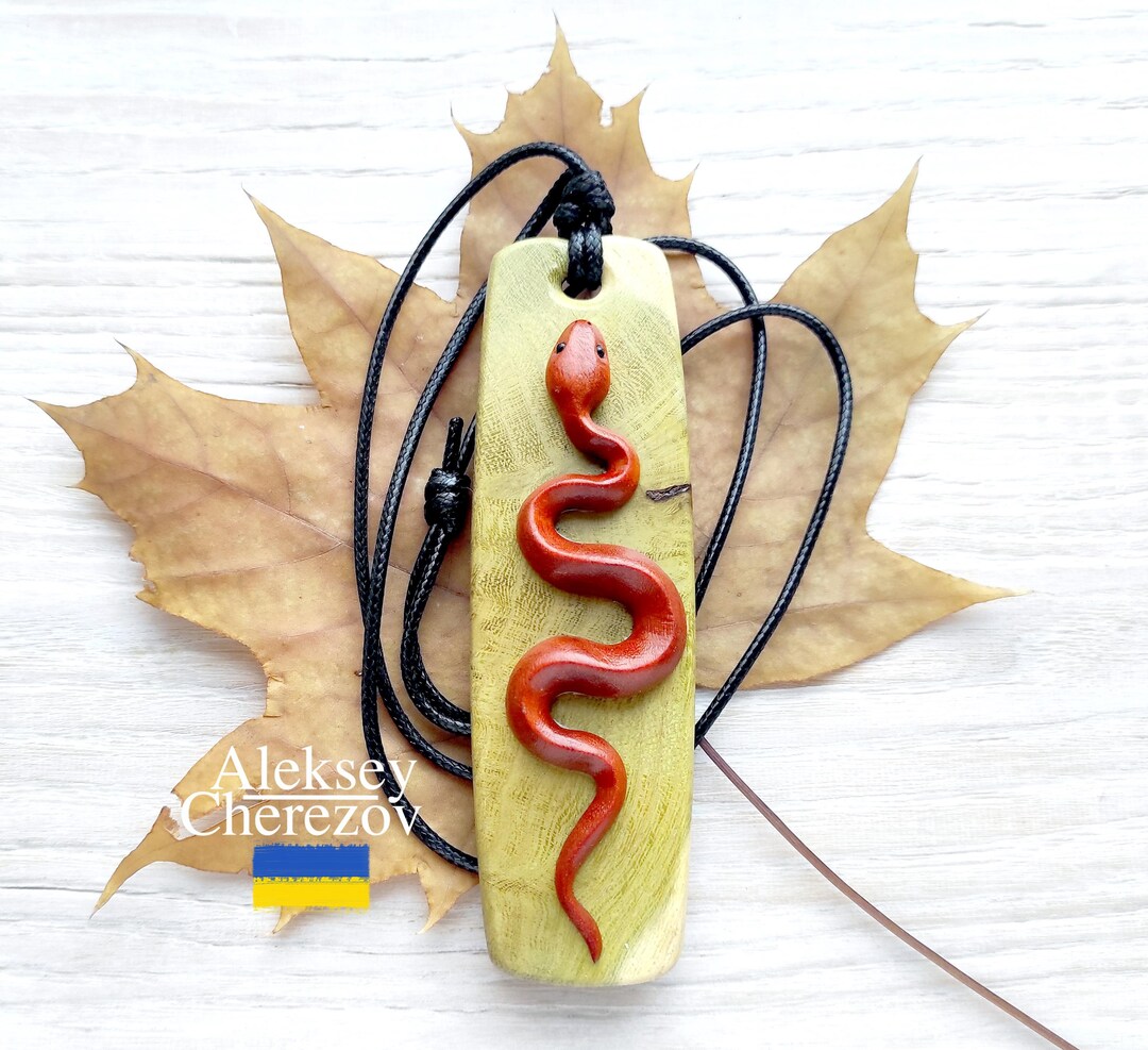 Wooden Snake Pendant, Handmade, Zodiac Snake Large Carved Necklace ...