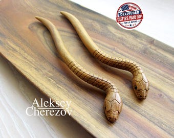 Horquilla de madera con forma de serpiente, horquilla tallada con forma de serpiente, regalo para niña, accesorios para el cabello, palillos para el cabello. Año de la Serpiente.