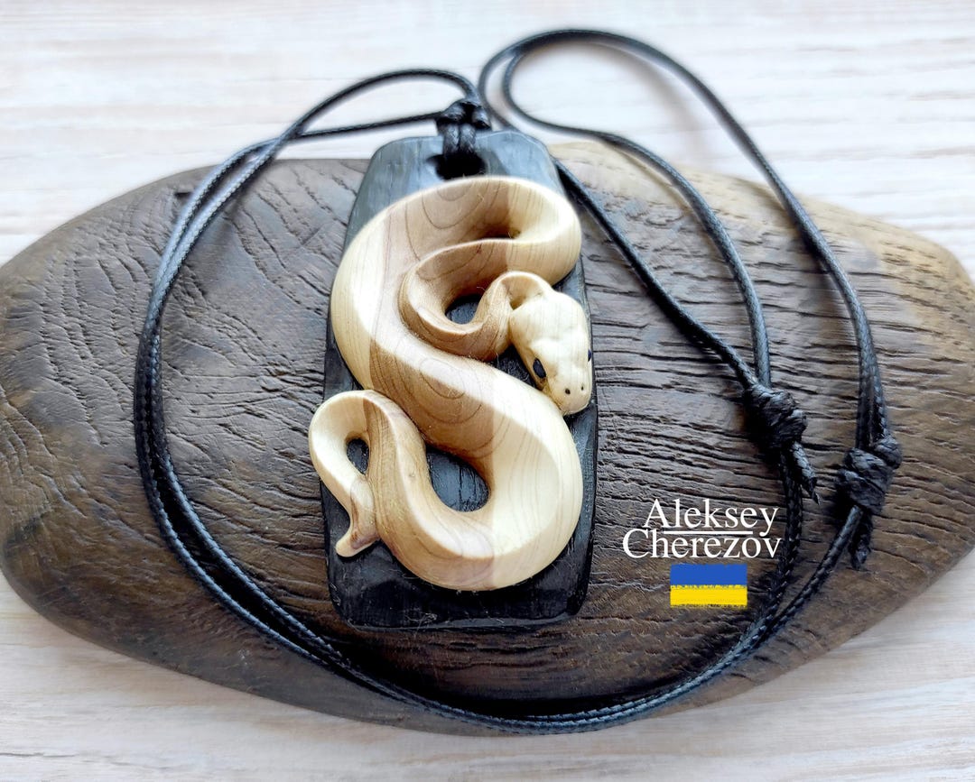 Snake. Wooden Pendant, Handmade. Large Carved Necklace, Python Pendant ...